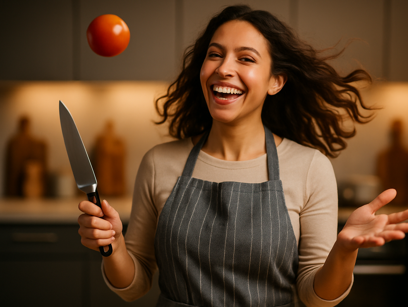 a happy women holding a knife and throwing a vegitable to upside with an action ,it is for a cover photo for a kitchen accessories tab