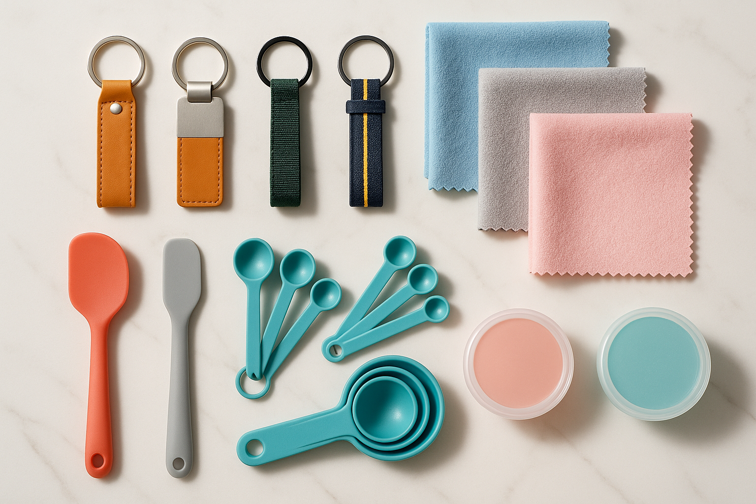 i want a image with the theme of keychains ,micro fibre cloths and some kitchen items in an attractive look for customers to buy the product
